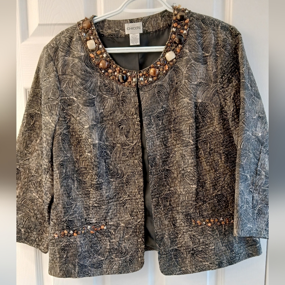 Chico’s Beaded Black & Gold Jacket – Size 2 – Cotton/Silk Blend